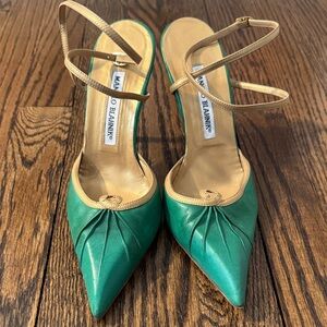 Manolo Blahnik Green Leather Heels with Tan Straps